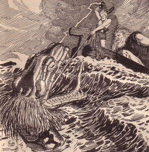 Thor und Hymir beim Angeln. Illustration für Die Edda: Germanische Götter und Helden von Hans von Wolzogen von Franz Stassen