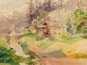Alpenlandschaft mit Bauernhaus und Frau vor Marterl von Franz Steinfeld