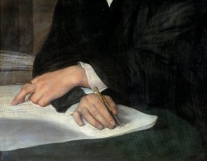 Porträt des Architekten Karl Berckmüller (1800-1879), Detail der gekreuzten Hände auf dem Plan. Eine davon hält einen Zirkel. Gemälde von Franz Xaver Winterhalter (1806-1873) von Franz Xaver Winterhalter