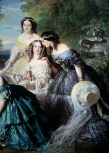 Die Kaiserin Eugenie (1826-1920) im Jahr 1855 umgeben von den Ehrendamen des Palastes, Detail, das die Baronin von Malaret, geborene Nathalie de Segur (gelb), die Marquise de las Marismas (weiß) und die Marquise de La Tour Maubourg darstellt. von Franz Xaver Winterhalter