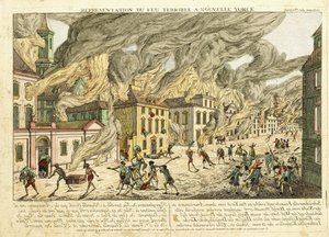 Ansicht von New York während des großen Feuers von 1776; Repräsentation du Feu Terrible à Nouvelle York, 1780 von Franz Xaver Habermann