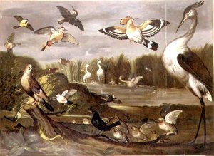 Flusslandschaft mit einem Eichelhäher, einem Schwarzkehlchen, einer Stockente, einer Bachstelze und anderen Vögeln von Franz de Hamilton