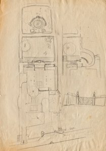 Entwurfsskizzen zu Matschs Ateliervilla - Grundriss von Gesamtanlage und Garten, Toranlage