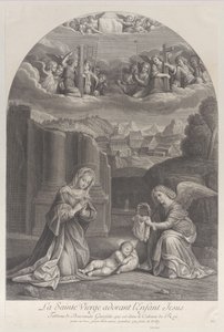 Die Jungfrau Maria betet das Christkind an, ein Engel hält rechts eine Dornenkrone, ca. 1729 von Frédéric Horthemels