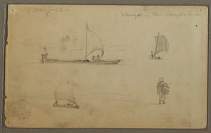 Bungoes: Skizzen von Segelbooten und Arbeitern, entlang des Rio Magdalena, Kolumbien, Mai 1853 von Frederic Edwin Church