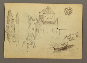 Schloss am Wasser, Boot, Bäume, möglicherweise 1868 von Frederic Edwin Church
