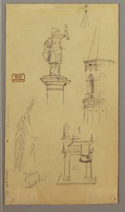 Zeichnung, Kirche, Gebäude, Überdachte Brücke, möglicherweise 1868–69 von Frederic Edwin Church