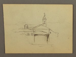 Kirchturm angrenzende Gebäude, möglicherweise 1868–69