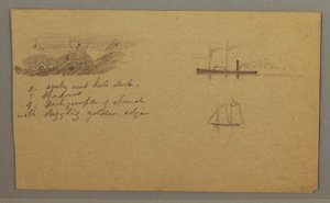 Zeichnung, Wolkenstudie, Dampfschiff, Segelboot, möglicherweise 1865–66 von Frederic Edwin Church
