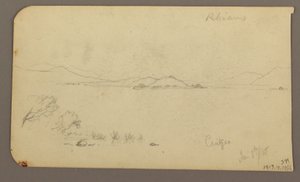 Zeichnung, Figur und Ochsenkarren, Zypressenbaum; Rückseite: Blick über den Cuitzeo-See, Januar 1885