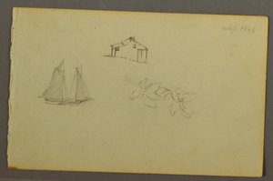 Haus, Segelboot, Pflanze