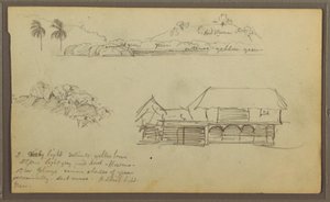 Zeichnung, Landschaft, Baumwipfel, Haus, 1857