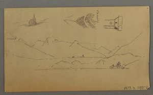 Zeichnung, Mittelalterliche Burg, Zwei Türme, Figurenstudien, in der Nähe von Thun, möglicherweise 1868