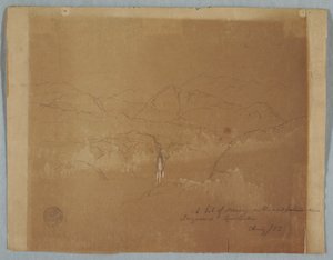 Zeichnung, Bergige Landschaft mit Wasserfall, in der Nähe von Tuquerres, Kolumbien, August 1853 von Frederic Edwin Church