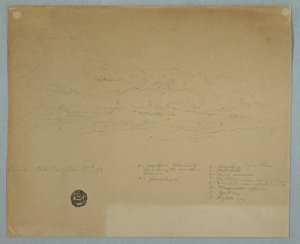 Zeichnung, Regen fällt aus einem bewölkten Himmel über Bergrücken, Hacienda Chillo, Ecuador, 27. Juli 1857 von Frederic Edwin Church