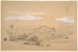 Erinnerungen an eine Aussicht von einem Hügel in der Nähe von Cartago, Kolumbien mit einer Frau, die einen Wasserkrug auf dem Kopf trägt, Juli 1853 von Frederic Edwin Church