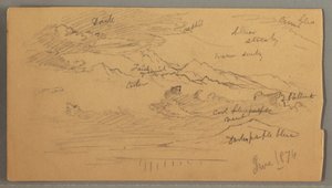 Scharfe Berggipfel, bewölkter Himmel, Juni 1874