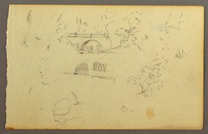 Bäume, Brücke, Gesichter im Profil, möglicherweise 1844