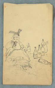 Frau trinkt, Weinflaschen, recto; Einkaufsliste für den Aufstieg auf den Mount Katahdin, verso, Herbst 1878? von Frederic Edwin Church