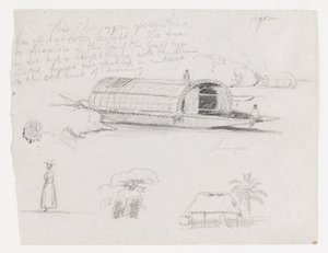 Skizzen aus Kolumbien: Flussfahrzeug (Champan), eine Frau, Baumgruppe, ein Haus von Frederic Edwin Church