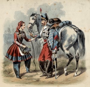 Die französische Armee und ihre Kantiniere: Husar und Kantiniere der Linieninfanterie. Gravur von Frederic Sorrieu von Frederic Sorrieu