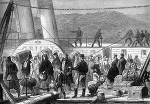Der östliche Krieg (1875-1878), auch bekannt als der Russisch-Türkische Krieg: Am Donauufer, Landung der flüchtigen jüdischen Familien von Rustchuck und Widdin im Mai 1877 (Stich) von Frederic Theodore (after) Lix