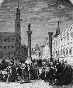 Die Kavallerie des Königreichs Italien besetzt die Piazza dei Signori in Vicenza, befreit von den Österreichern im Jahr 1866. Gravur nach einer Zeichnung von Lix. In „L