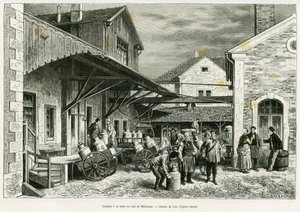 Molkerei in der Milchhalle von Mulhouse. Gravur von Lix zur Illustration der Geschichte „Durch Elsass und Lothringen“ von Charles Grad, deutscher Abgeordneter, 1885, in Le Tour du monde 1887, unter der Leitung von Edouard Charton (1807-1890), Hachette, Par von Frederic Theodore Lix