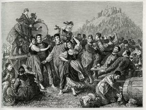 Fete des patres am Hohneck (Vogesen), Sonntag nach St. Johann. Gravur von F. Lix zur Illustration der Geschichte „Durch Elsass und Lothringen“ 1884, von Charles Grad (1842-1890), deutscher Abgeordneter, Schriftsteller und Naturforscher. Veröffentlicht in L