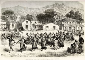 Volkstanz auf dem Dorfplatz Haggia Anna (St. Anne). Gravur nach der Zeichnung von Lix, um die Reise nach Griechenland zu illustrieren, von Henri Belle, in 1861-1868-1874, veröffentlicht in „Le tour du monde“ 1876, herausgegeben von Edouard Charton, Hachett