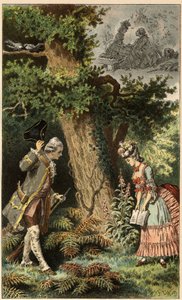 Volkslied: „Gehen wir in diesen charmanten kleinen Wald“. Illustration von Frederic Theodore Lix (1830-1897) in „Chansons et rondes enfantines des provinces de la France“ von Frederic Theodore Lix