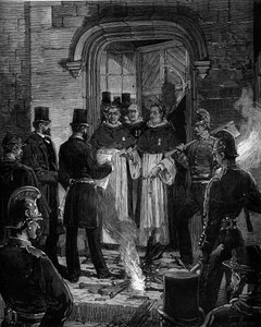 Vertreibung der Dominikaner aus der Rue de Jean de Beauvais in Paris nach den Dekreten vom März 1880, die von Jules Ferry erlassen wurden und den Mitgliedern nicht autorisierter religiöser Kongregationen das Recht zu lehren entziehen: Verlesung des Dekrets von Frederic de Haenen