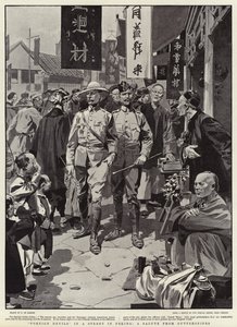 Ausländische Teufel in einer Straße in Peking, ein Gruß von Straßenjungen von Frederic de Haenen