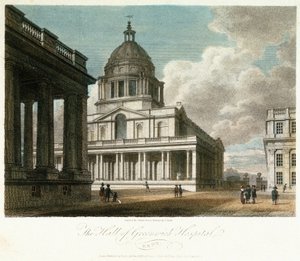 Ansicht des Greenwich Hospital (Kent, England), Beschreibung der Kuppel und der nordöstlichen Ecke des Hofes von König Wilhelm, mit der Nordfassade der dahinter gemalten Halle und einem Teil des Hofes und der Kapelle von Königin Maria