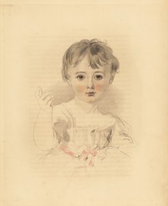 Porträt von Thomas Lawrence Bloxam, Neffe von Sir Thomas Lawrence. In Kleid mit rosa Schleife. Handkolorierter Stich von Frederick Christian Lewis nach einer Illustration von Sir Thomas Lawrence aus P.G. Patmores Cabinet of Gems, Ackermann, London von Frederick Christian Lewis