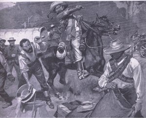 Burenbehandlung von Friedensgesandten: Die Auspeitschung von Margendaal, aus After Pretoria: Der Guerillakrieg veröffentlicht von Harmsworth Bros Limited, 1901 von Frederick Judd Waugh