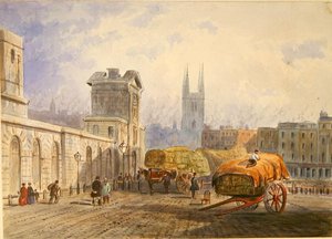 Ansicht des St. Bartholomäus-Hospitals und der St. Sepulchre-Kirche, Holborn, ca. 1840
