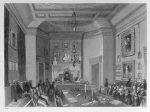 Ansicht des Inneren von Somerset House, zeigt ein Treffen der Royal Antiquarian Society, ca. 1840