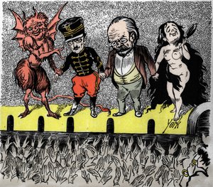 Rehabilitation von Dreyfus: das Fazit, die Protagonisten werden vom Publikum applaudiert. Von links nach rechts, der Teufel, der den Fall leitete, Hauptmann Alfred Dreyfus, Emile Zola und die Nackte Wahrheit. Satirische Vignette