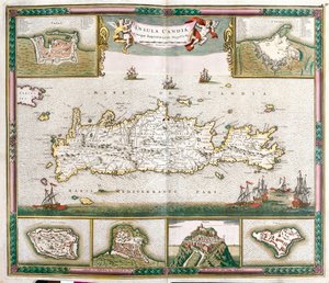 Karte der Insel Kreta mit Ansichten der befestigten Städte La Cane und Heraklion und der Festungen von Spinalonga, Retino, Thine und Souda von Frederick de Wit
