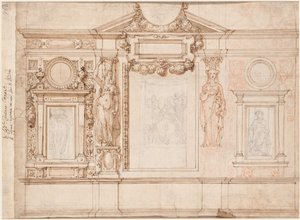 Entwurf für eine Wanddekoration mit eingeklebten Skizzen nach Raphael, ca. 1580er-90er Jahre von Frederico Zuccaro