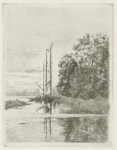 Flusslandschaft mit zwei Schiffen und einem Boot