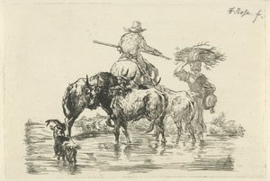 Hirte und Hirtin waten durch einen Bach