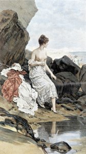 Frau am Meer, die sich versteckt badet - Allegorie des Sommers, Kalender illustriert von Hubert Dys, gemalt von F.H. Kaemmerer