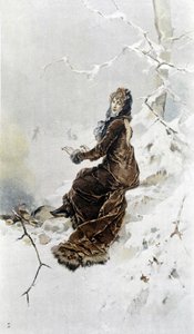 Frau im Schnee: Allegorie des Winters, Kalender illustriert von Hubert Dys, gemalt von F.H. Kaemmerer