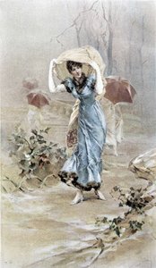 Frau, die sich vor dem Regen schützt - Allegorie des frühen Herbstes, Kalender illustriert von Hubert Dys