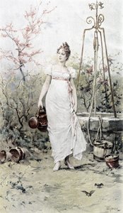 Frau kehrt von einem Brunnen zurück - Allegorie des Frühlings, Kalender illustriert von Hubert Dys, gemalt von F.H. Kaemmerer von Frederik Hendrik Kaemmerer