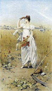Frau mit Weizen und Mohn - Spät-Sommer Allegorie, Kalender illustriert von Hubert Dys