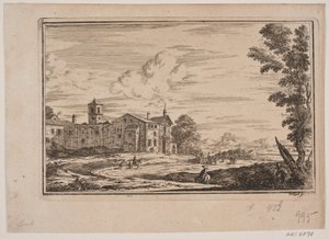 Klostergebäude, links in italienischer Landschaft