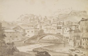 Vienne, nahe Lyon. Pont Saint-Martin über den Fluss Gère. Links Prieuré de Saint-Martin, rechts Porte de la Rochette und Schloss Pipet von Frederik de Moucheron